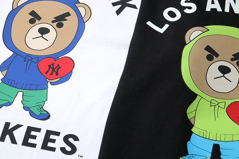 MLB Frowning Bear Character Print Embroidered Pure Cotton T-Shirt – Yankees & Dodgers Unisex Relaxed Fit Short Sleeve
