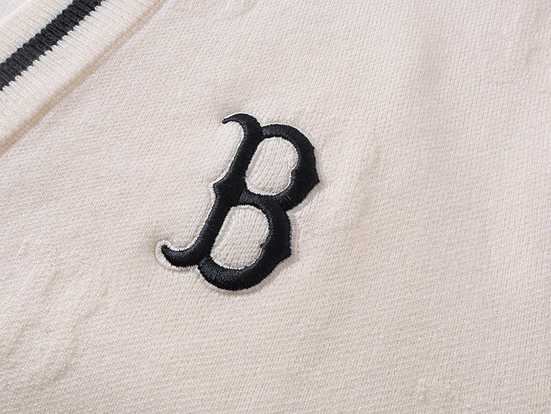 MLB Boston Red Sox B Logo 3D Raised Monogram Contrast Trim Knit Cardigan – Unisex Fall Winter