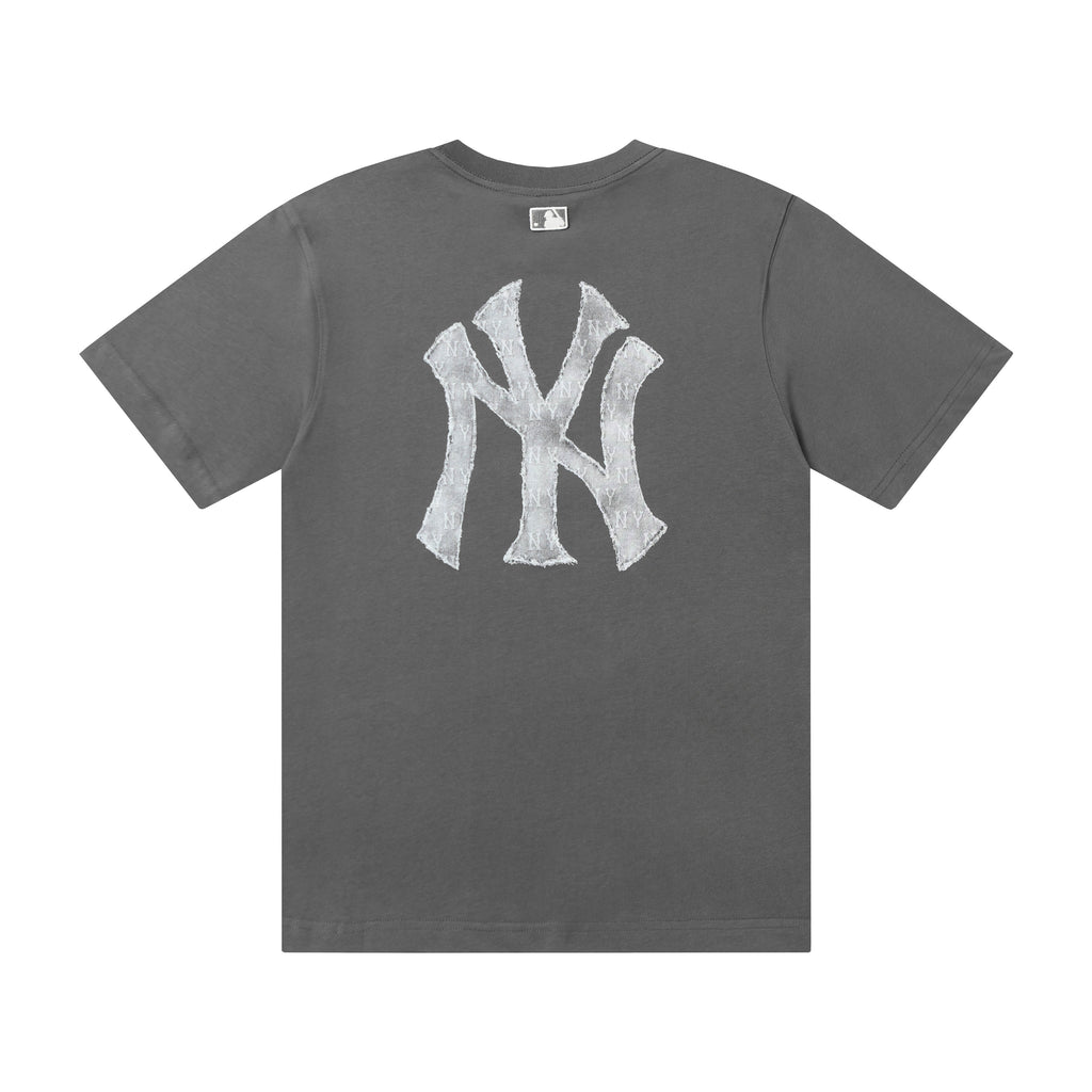 MLB Korea Unisex Denim Washed NY Logo Short‑Sleeve Crew Neck T‑Shirt`