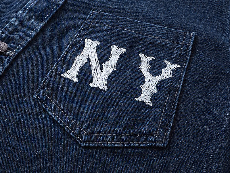 MLB New York Yankees NY All-Over Logo Print Vintage Washed Denim Shirt Jacket – Unisex Relaxed Fit