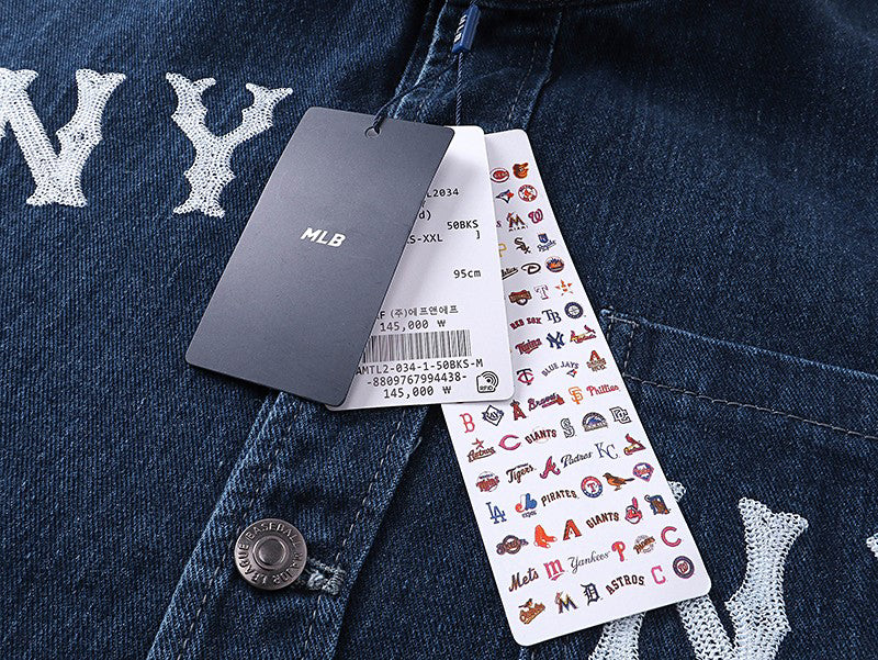 MLB New York Yankees NY All-Over Logo Print Vintage Washed Denim Shirt Jacket – Unisex Relaxed Fit