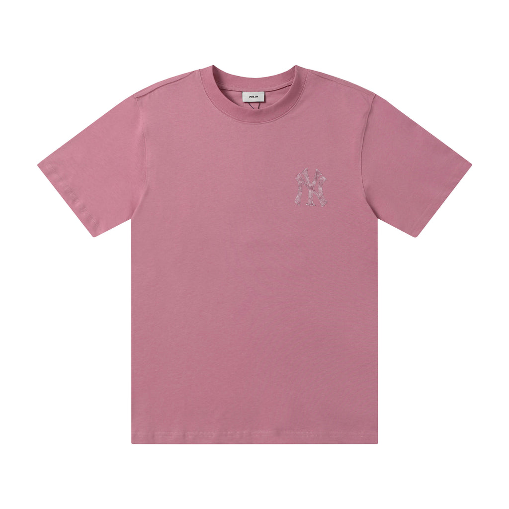 MLB Korea Unisex Denim Washed NY Logo Short‑Sleeve Crew Neck T‑Shirt`