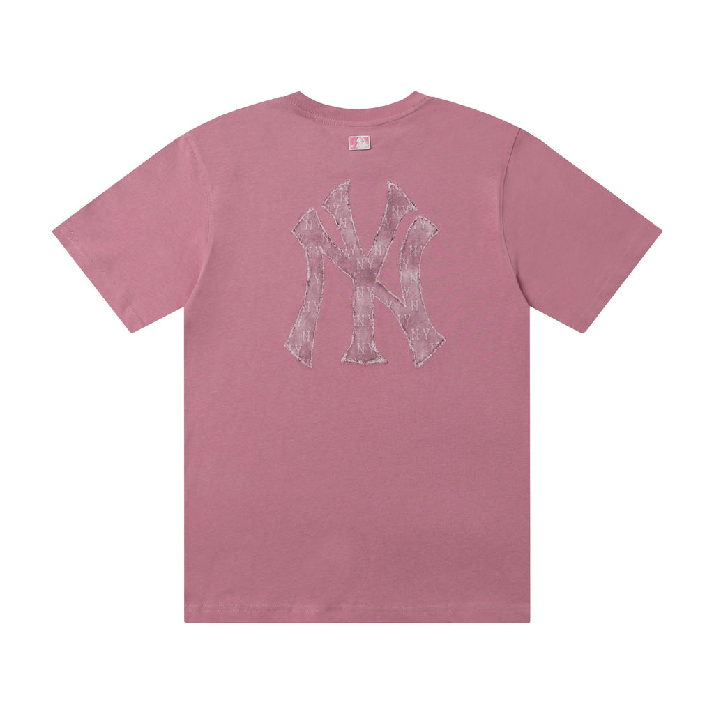 MLB Korea Unisex Denim Washed NY Logo Short‑Sleeve Crew Neck T‑Shirt`