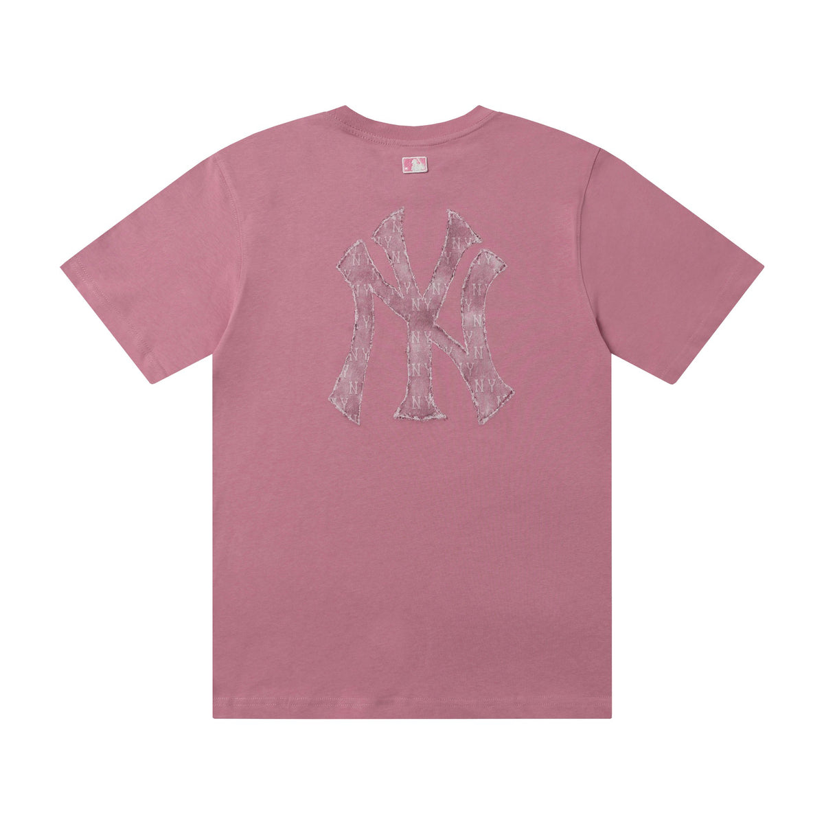 MLB Korea Unisex Denim Washed NY Logo Short‑Sleeve Crew Neck T‑Shirt`