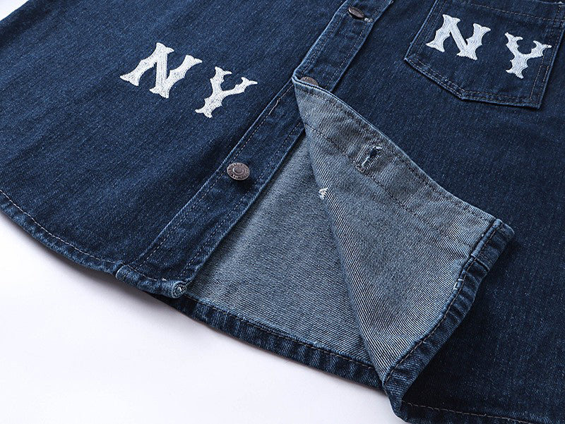 MLB New York Yankees NY All-Over Logo Print Vintage Washed Denim Shirt Jacket – Unisex Relaxed Fit