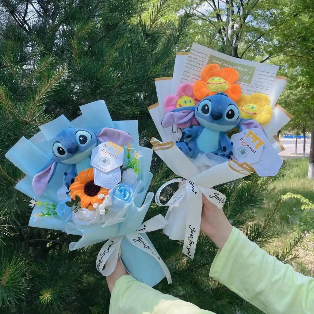 Genuine Amine Stitch Plush Dolls With Sunflowers Roses Creative Bouquets Christmas Birthday Graduation Valentine Gifts