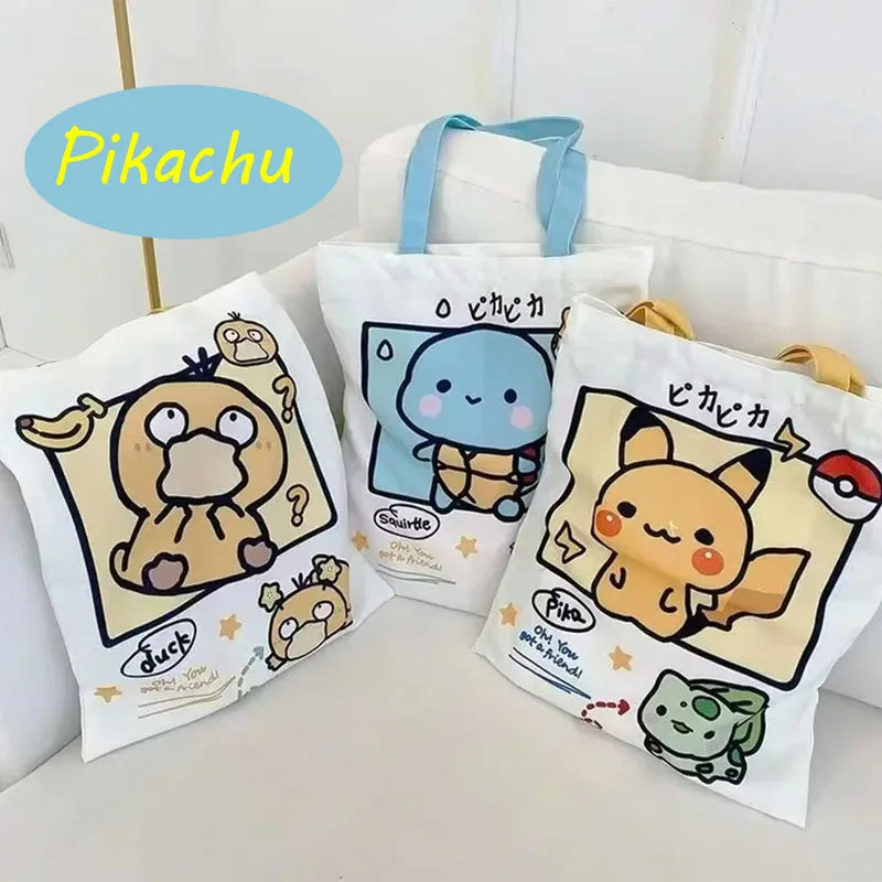 HOT Sale Pokemon Pikachu Canvas Shoulder Bags Psyduck Squirtle Ladies Casual Handbag Reusable Large Capacity Women Shopping Bag