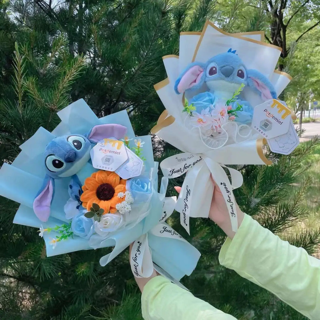 Genuine Amine Stitch Plush Dolls With Sunflowers Roses Creative Bouquets Christmas Birthday Graduation Valentine Gifts