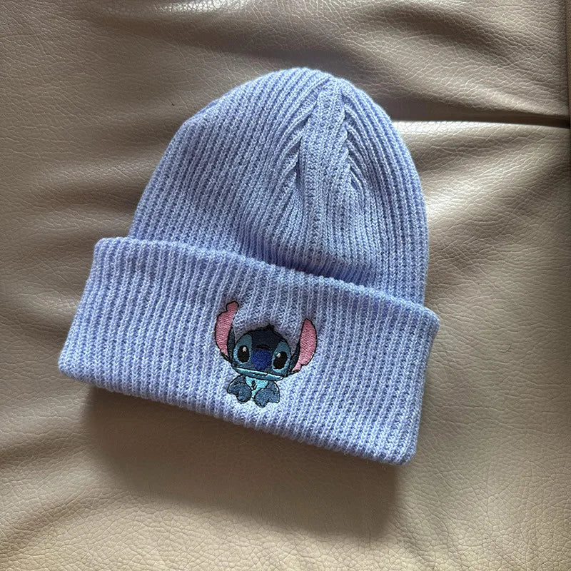 Cartoon Stitch Knit Hat Embroidered Benie Cap Cute Unisex Warm Stretchy Hats Outdoor Thermal Caps Christmas Gift for Boy Girl