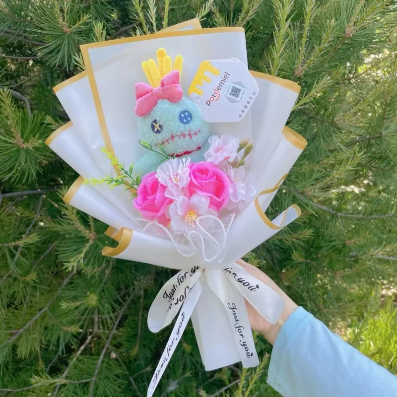 Genuine Amine Stitch Plush Dolls With Sunflowers Roses Creative Bouquets Christmas Birthday Graduation Valentine Gifts