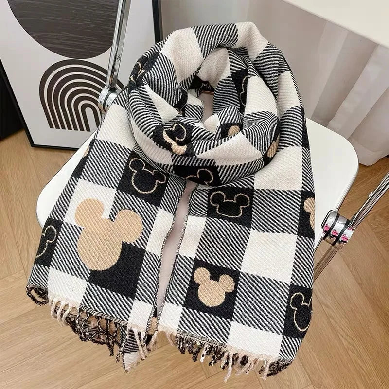 Disney Mickey Mouse Print Double-Sided Scarf Autumn Winter Women's Warm Scarf Outdoor Shawl Fashion Retro Scarf Gift