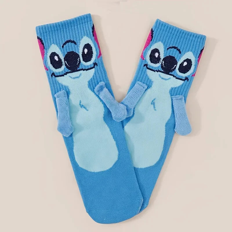 Disney Anime Stitch Angel Magnetic Attraction Hand in Hand Socks Men and Women Mid Tube Couple Socks Floor Socks Funny Home