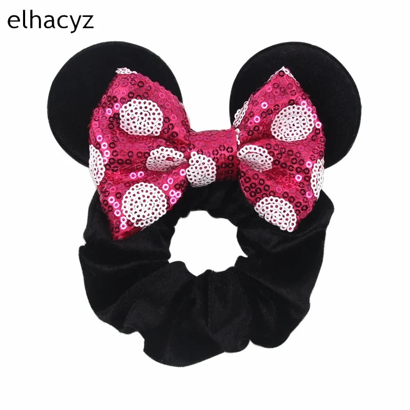 Cartoon Polka Dot Bow Hair Scrunchies Velvet Hairbands For Girls Sequins Bows Headbands Women Kids Party DIY Decoration