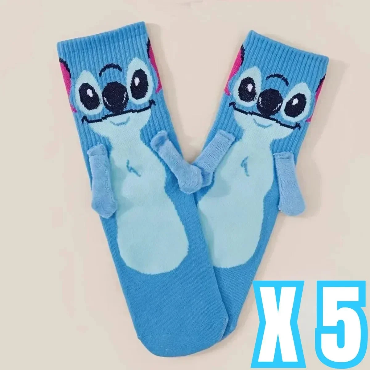 Disney Anime Stitch Angel Magnetic Attraction Hand in Hand Socks Men and Women Mid Tube Couple Socks Floor Socks Funny Home