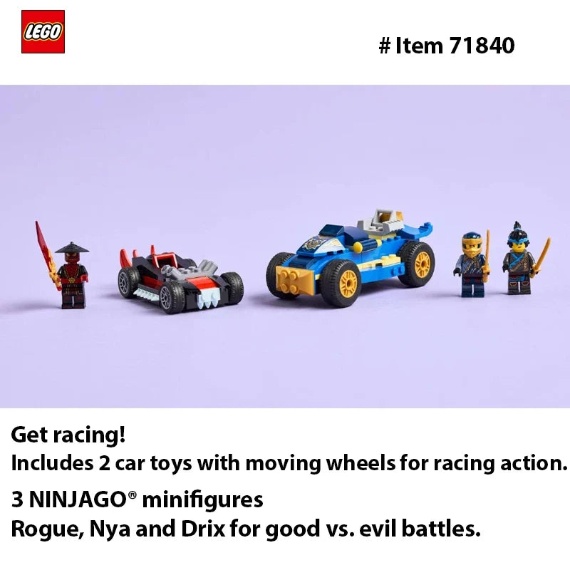 LEGO 71840 NINJAGO® Rogue vs. Drix Race Car Duel playset. This hero toy battle set lets imaginative children，111PCS